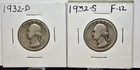 1932-D & 1932-S Washington Silver Quarters KEY DATES - 2 Coin Lot Pair