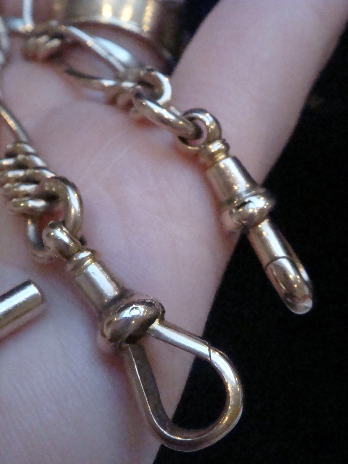 EDWARDIAN 9CT YELLOW GOLD RARE FIGARO ALBERT DOUBLE DOG CLIP T BAR 42.9G 18" image 4