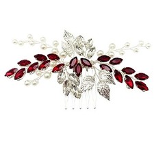 Bride Wedding Hair Comb Crystal Rhinestone Pearls Silver Leaf Hair Piece Red