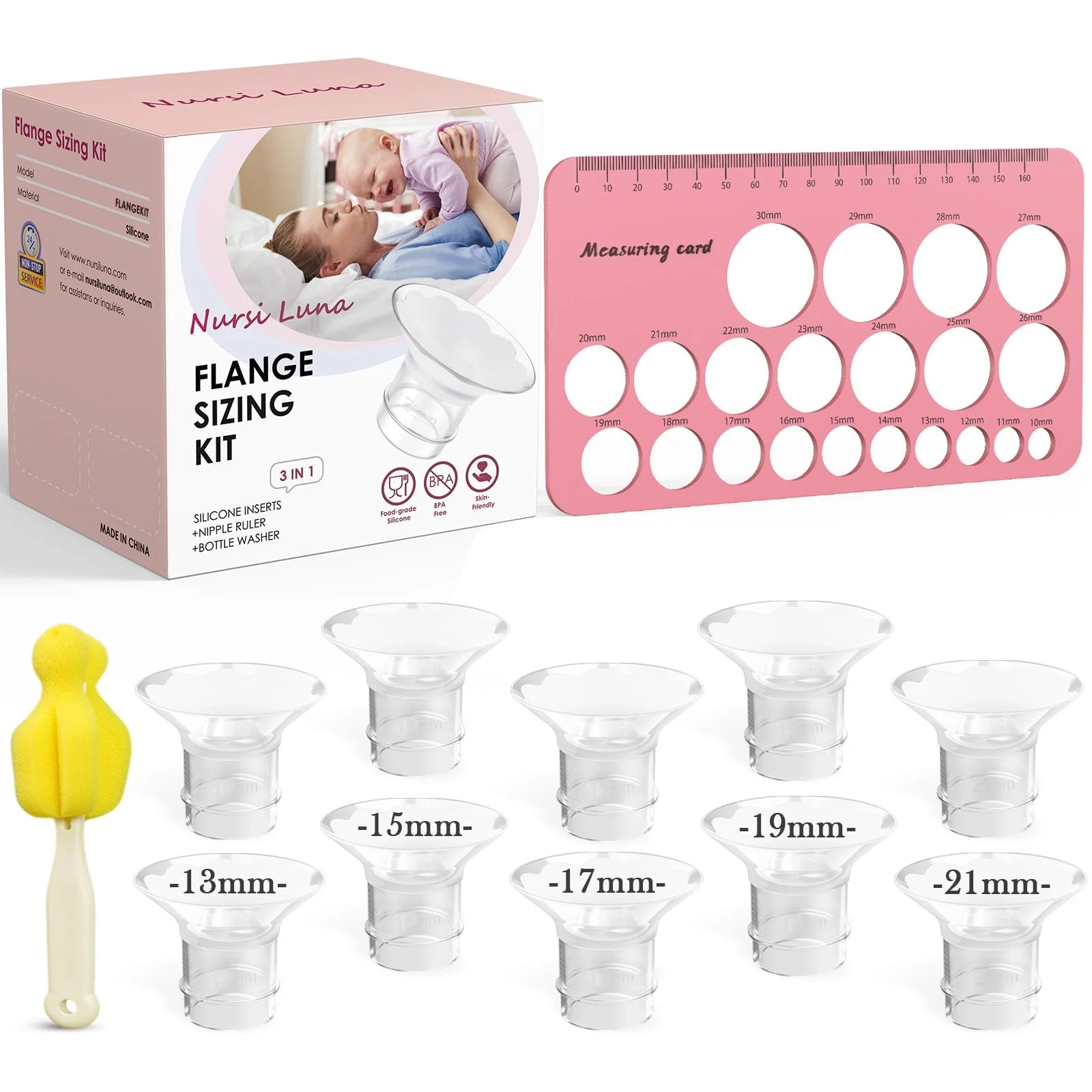 Nursi Luna Flange Sizing Kit 3 in 1 with 10PCS 13/15/17/19/21mm, Pink