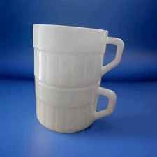 2 Milk Glass Coffee Mugs Vintage Federal White Cups Ribbed Stackable D Handle