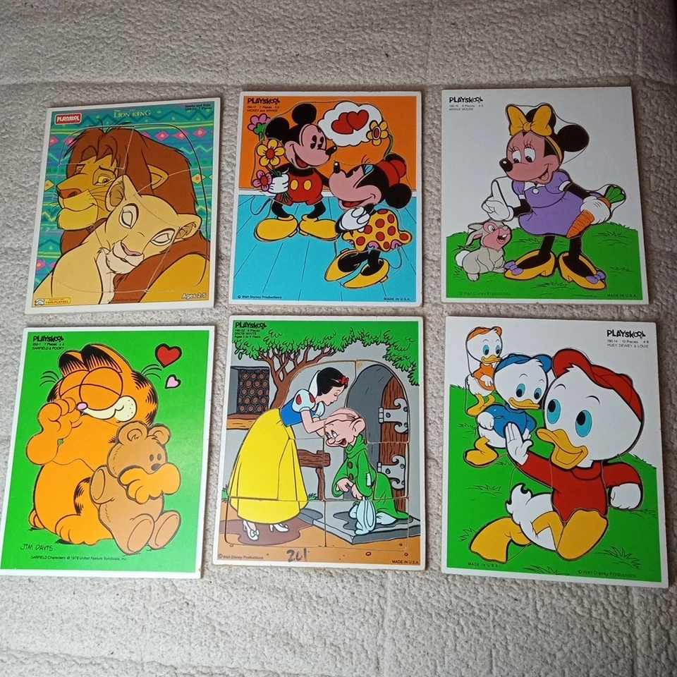6 rompecabezas de madera de nieve Huey de colección Playschool Disney Garfield Mickey Minnie Lion Estados Unidos Foto 2 de 4