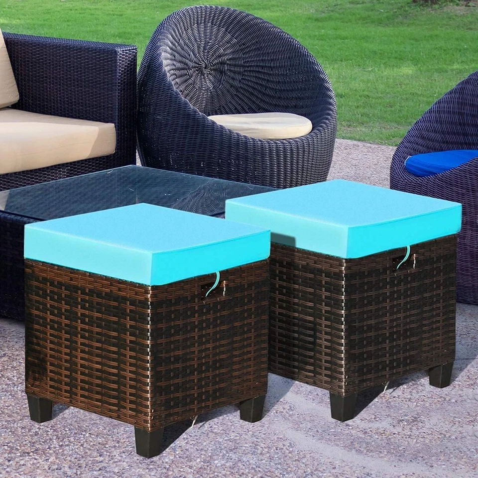 2-Piece Rattan Patio Ottoman, All Weather Wicker Ottoman W/Removable Cushion & S - Image 2 of 4