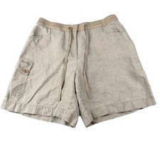 J Jill 100 Linen Shorts Womens Size 10 Beige Elastic Drawstring Coastal Pockets