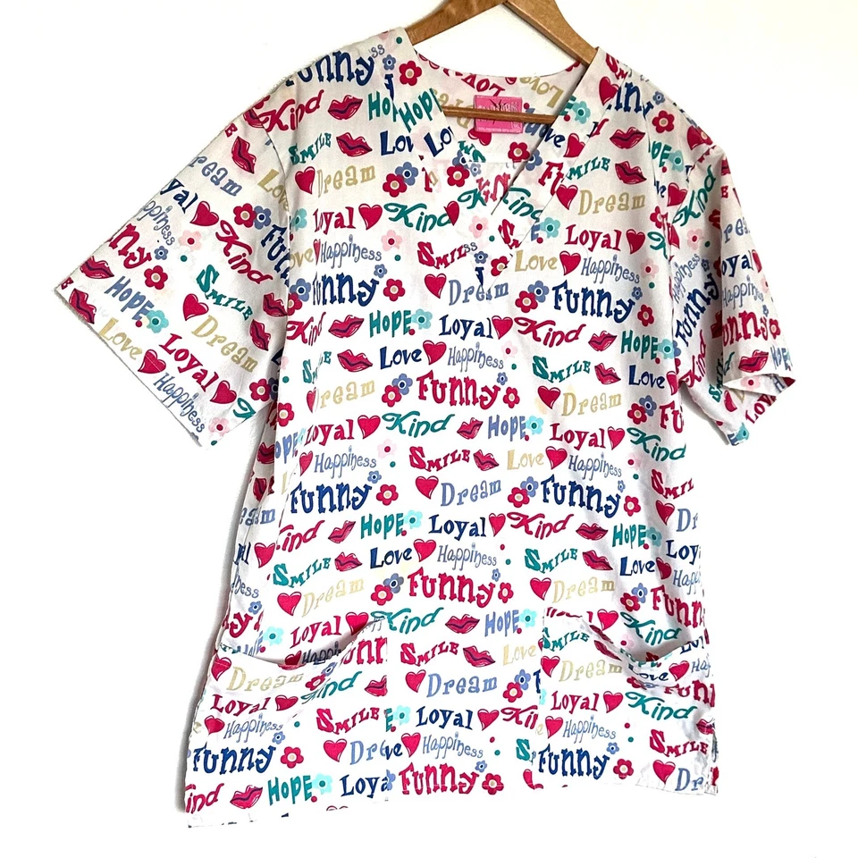 Hub A Dub Scrubs Top Women's 1XL White Novelty Print V Neck Short Sleeve Pockets - Image 2 of 4