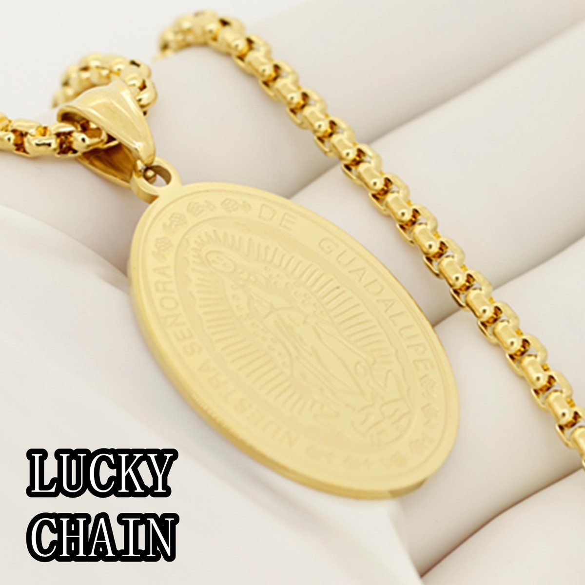 ネックレス 14k classic box chain with maria 24''STAINLESS STEEL GOLD ROUND BOX CHAIN NECKLACE VIRGIN MARY