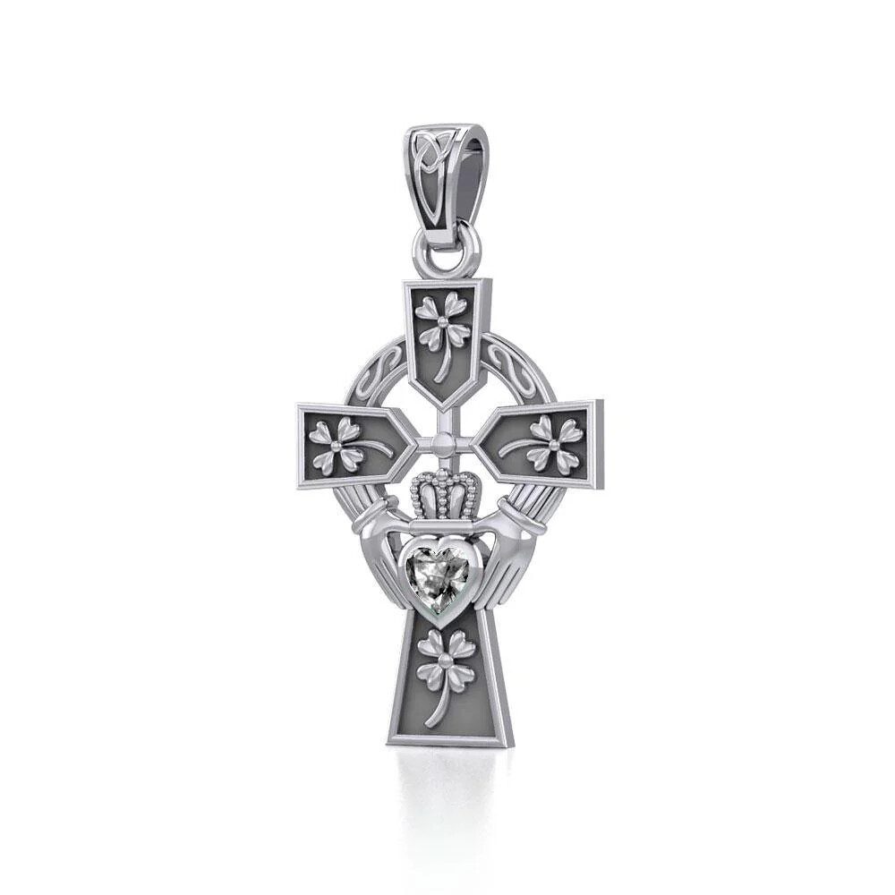 925 Sterling Silver Claddagh Pendant With Shamrocks & Heart - Symbol Of Love, Loyalty, Friendship, Made In USA