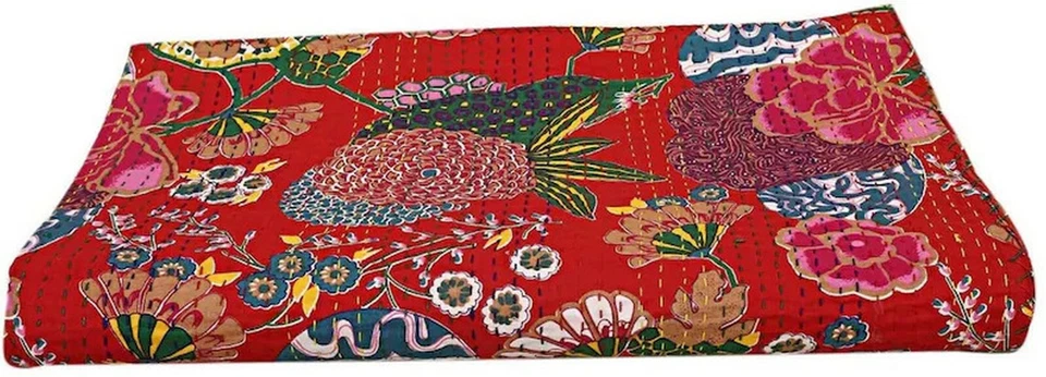 Indian Floral Print Cotton Kantha Quilt Blanket Bedspread Throw Double Bed Size - Image 4 of 4