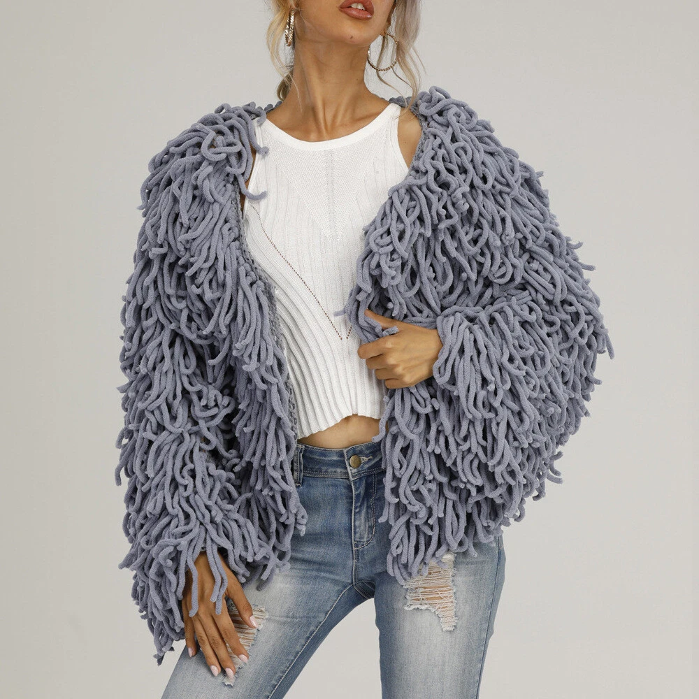 Hot Lady New Woman Shaggy Knitted Cropped Fluffy Tassel Cardigan