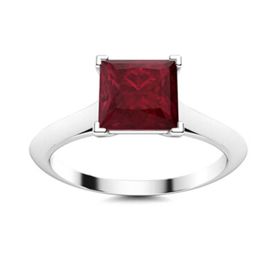 Four Prong Set 7MM Square Shape Ruby 925 Sterling Silver Solitaire Women Ring