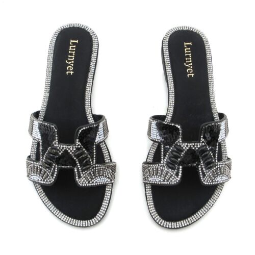 Women's Beaded Sandals Sequin Embellished Slides Rhinestone Flat Summer Slippers - Picture 7 of 32