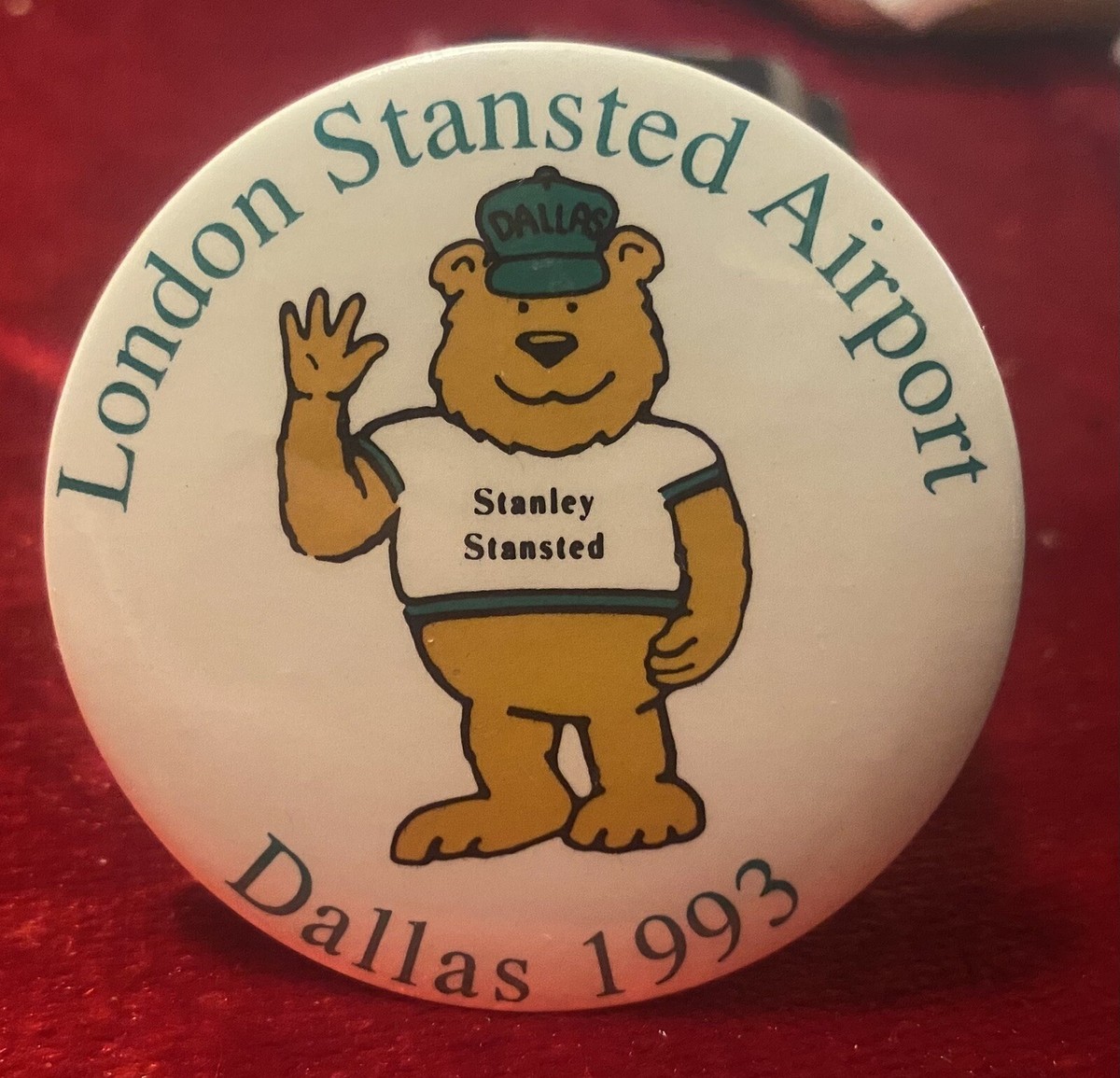 stansted airport duty free tobacco prices VINTAGE DALLAS 1993 STANLEY BEAR LONDON STANSTED AIRPORT 2 1/8” PINBACK  BUTTON