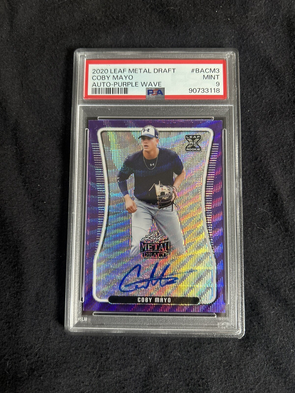 2020 Leaf Metal - Coby Mayo AUTO Purple Wave ROOKIE RC /15, PSA 9