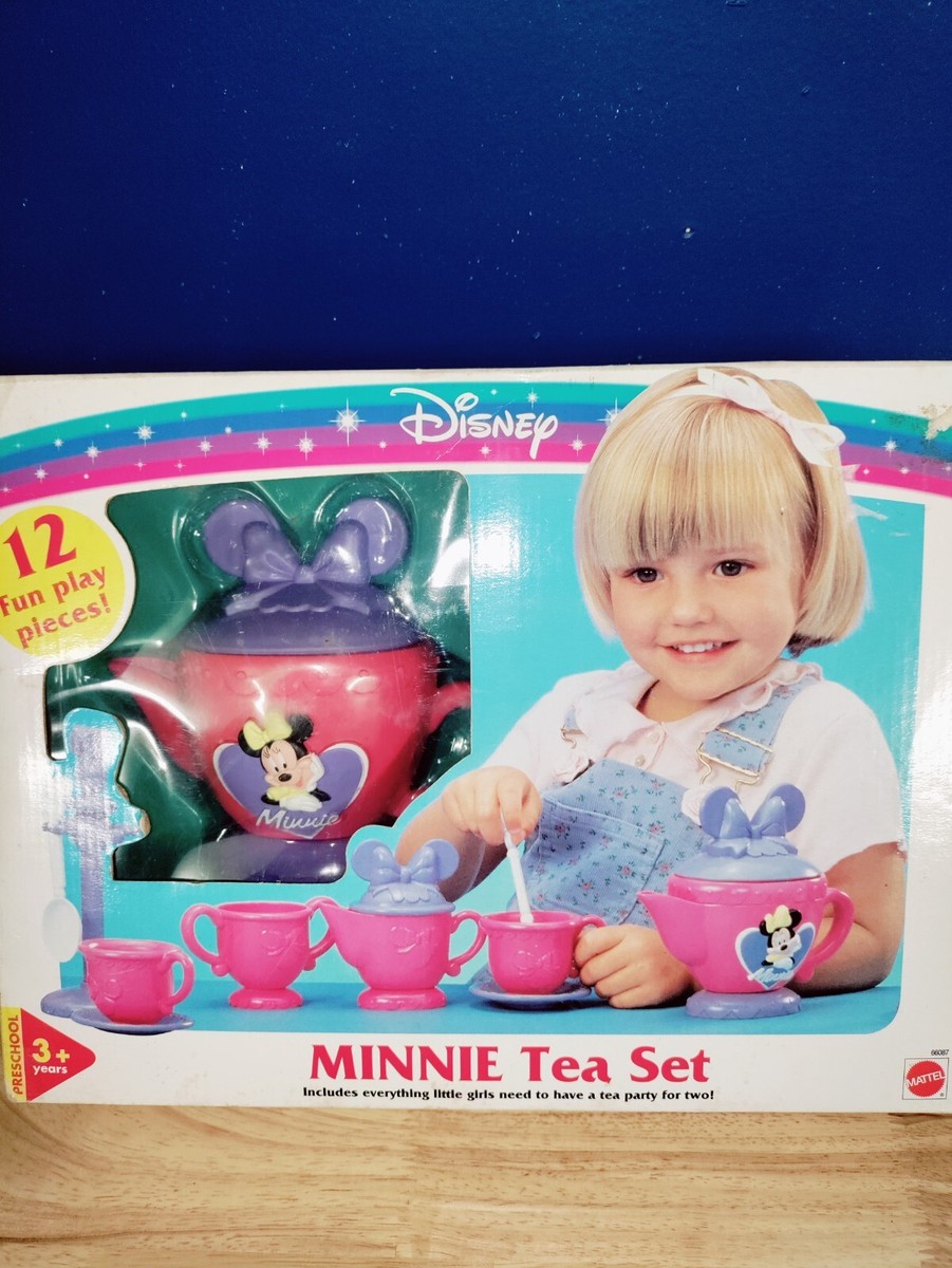 DISNEY Minnie Mouse Tea Set Plastic Plates Cups Vintage With Box
