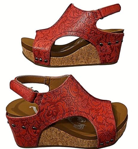 Very G Sandal Womens 8.5 Red Isabella Tooled Adjustable Wedge Heel Comfort New