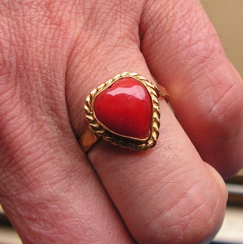 HUGE Ring Coral RED HEART VERY BIG GENUINE Silver Gold  8 BEAUTIFUL ONE - Image 2 of 4