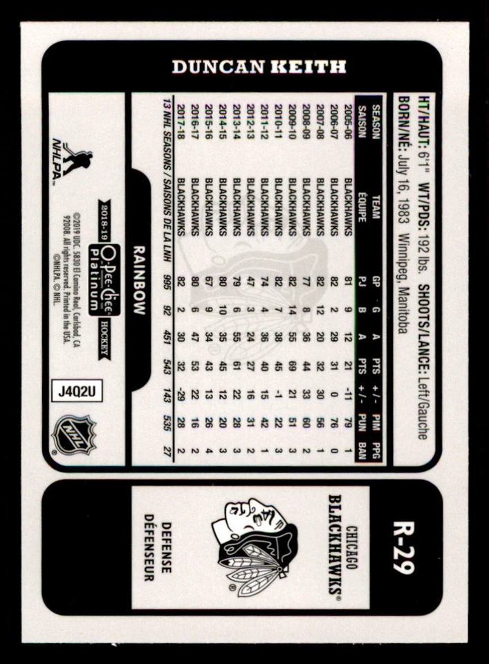 2018-19 O-Pee-Chee Platinum Retro Rainbow #R29 Duncan Keith (ref 239244) - Image 2 of 2