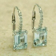 4Ct Emerald Cut Lab Created Aquamarine Drop Earring 14k White Gold Plated Silver