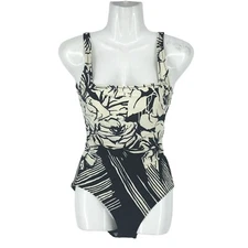 NWT Gottex 8 One Piece Swimsuit Black Ivory Floral Contour Body Shaper