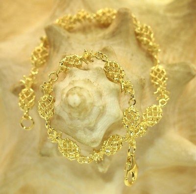 5MM YELLOW GOLD PLATED 925 STER SILVER HAWAIIAN 3D SMALL PINEAPPLE BRACELET 7.5''