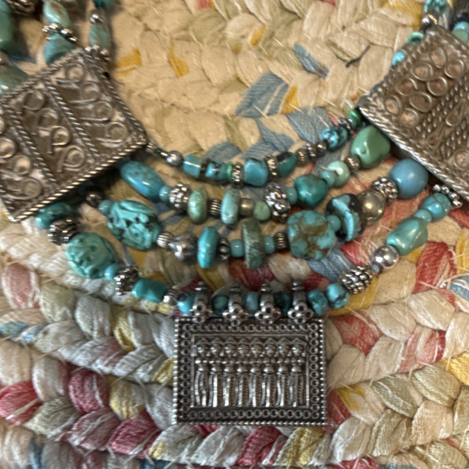 Beaded Necklace Turquoise Rectangular Silver Pend… - image 2