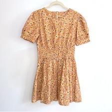 Free People Pennie Mini Dress Womens Yellow Floral Smocked Waist Puff Sleeve XS