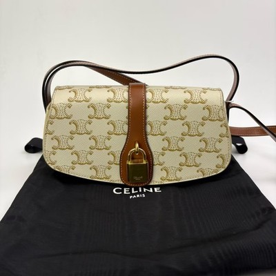 Celine Triomphe Beige Monogram Canvas Baguette Bag Gold Lock