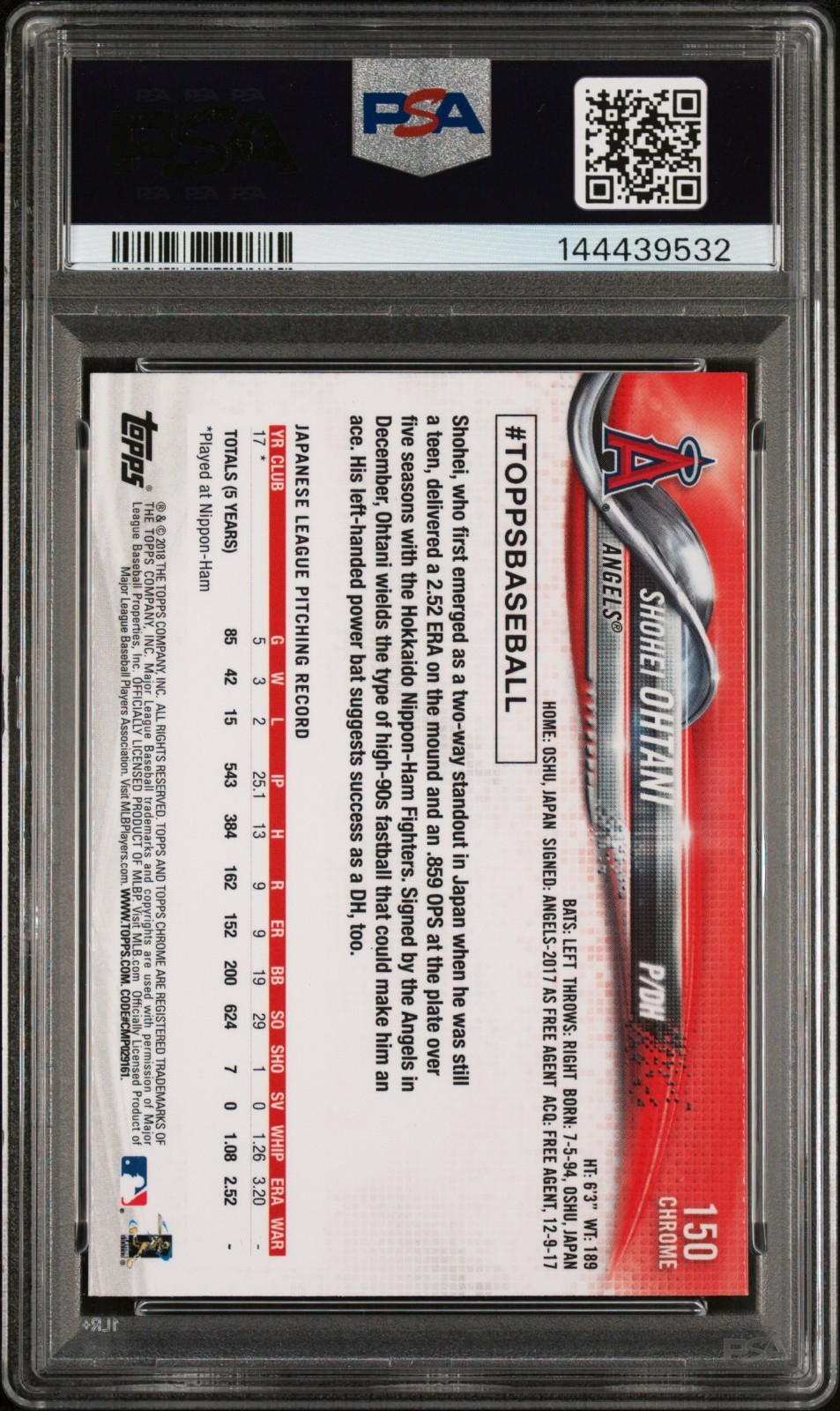 2018 Topps Chrome Shohei Ohtani #150 Rookie Card PSA 10 GEM MINT view 2