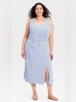 A New Day Tie-Front Twist Midi Dress Blue & White Stripe Size Medium