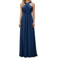 Azazie Navy Blue Long Chiffon Gown Size 0/2 Criss Cross Straps Prom Bridesmaid