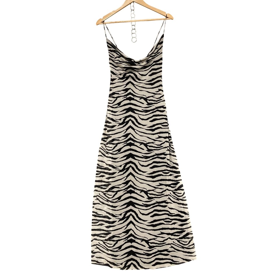 Zara Dress Womens S Black Animal Print Slip Maxi Cowl Neck Strappy Satin