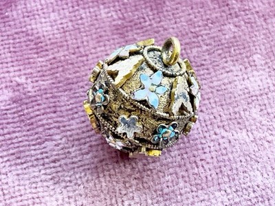 Antique Ball Orb Watch Fob Charm Gold Filled with Enamel Flowers & Applied Work