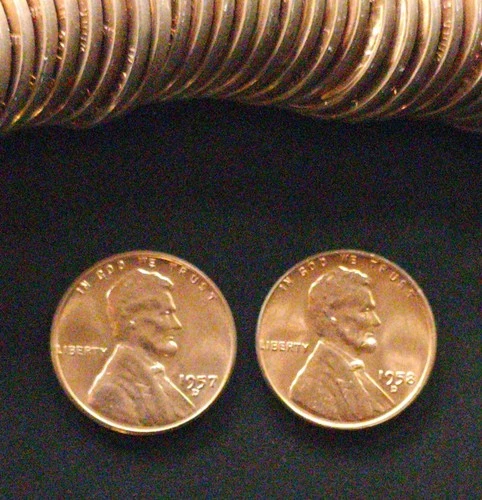 1957 D and 1958 D Lincoln Wheat Cents - BU bright Red uncirculated pennies