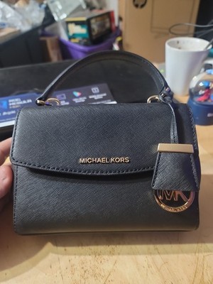 Michael Kors Black Leather Satchel Crossbody Bag Gold MK Charm Small Purse