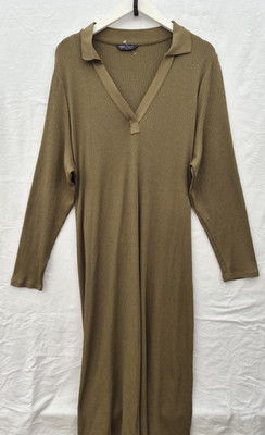  M&S Collection Khaki Geripptes Midikleid mit Kragen Damen Größe 22 Regular