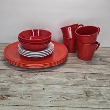 Melamine Set Of 4 Plates, Saucers, Cups & Bowls Red & White Durable USA Made