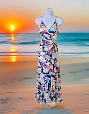 Forever 21 Maxi Dress S Multicolor Tropical Surplice Ruffled Adjustable Straps