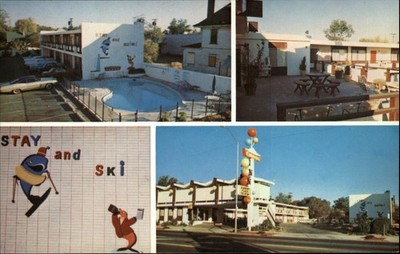 Carousel Inn Reno Nevada ~ I-80 US 40 ~ Stay & Ski sign ~ postcard