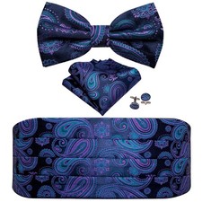 Men Cummerbund Bow Tie Set Silk Paisley Formal Pre-Tied Bowtie Pocket Square