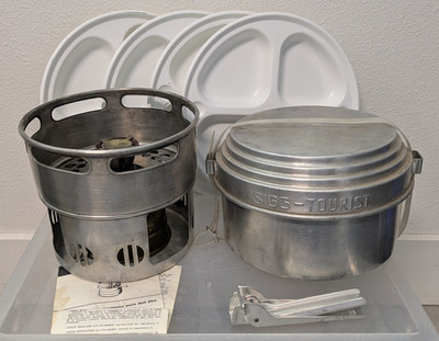 Vintage Svea 123 Camp Stove Set w/ Sigg Tourist Cook Pot, Pan, Handle & Plates