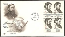 US Scott # 1446 Sidney Lanier FDC. BLK4, Artcraft cachet.