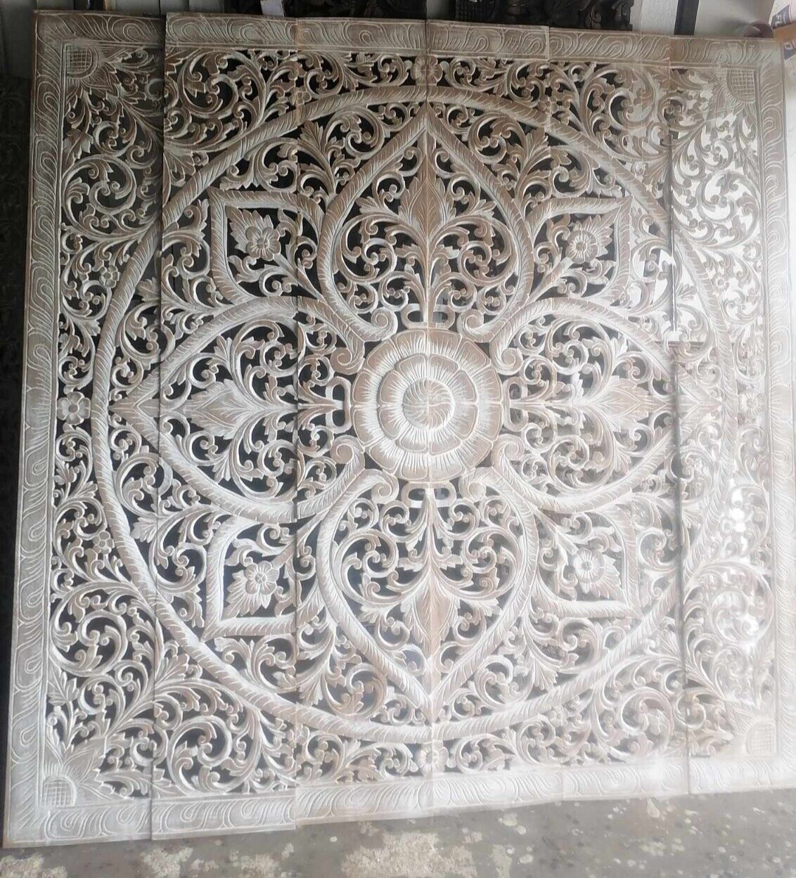 King-Size Mandala Wall Art Headboard in Teak Wood Carved Panel 180x180cm-image