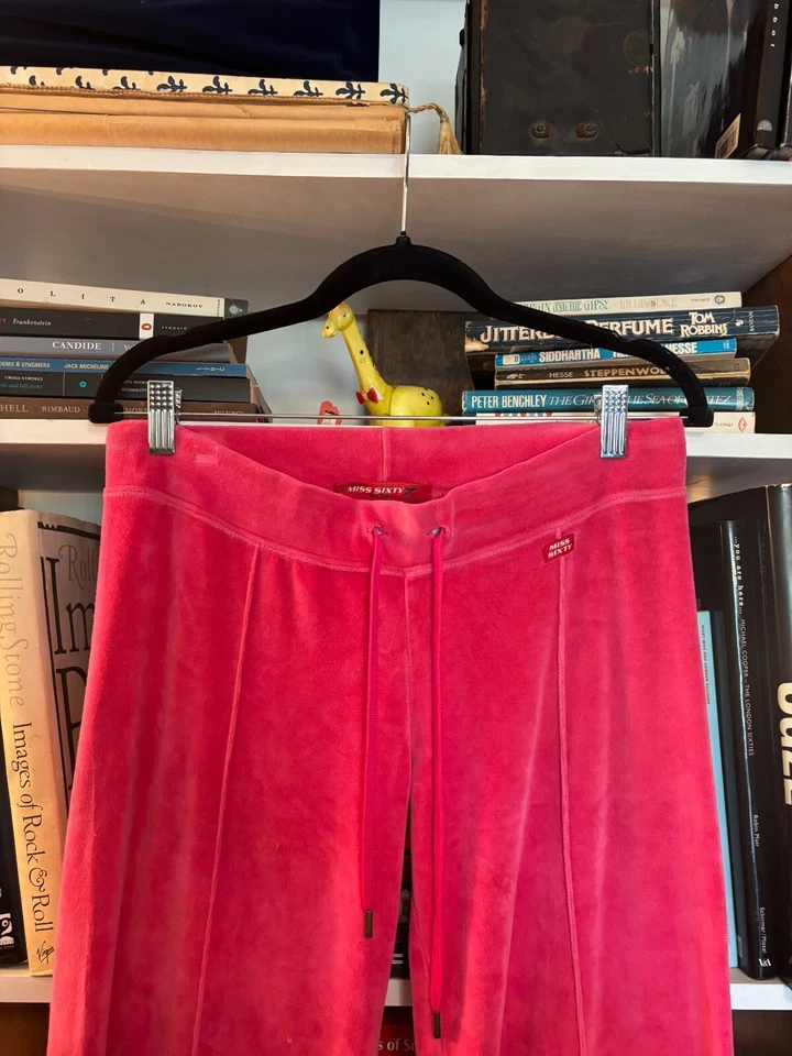Y2K Miss Sixty Sweatpants Womens Large Pink Velour Low Rise 2000's - Image 2 of 3