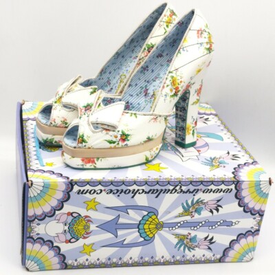 Irregular Choice Piccolo White Floral Heels With Blue Interior 3816-01