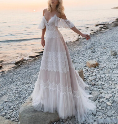 gauze beach wedding dresses Tulle A-line Off-the-Shoulder Beach Wedding Dresses With Side Slit, MW889 main image 1