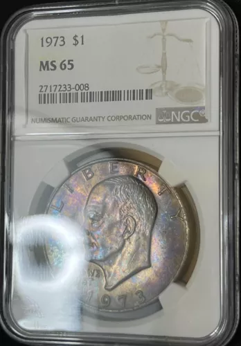 🌼😈1973-P Eisenhower Dollar NGC MS65!!! INSANE RAINBOW MONSTER TONING!!!😈🌼