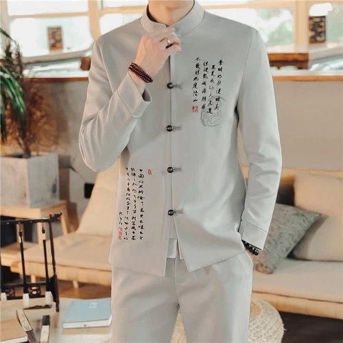 OFF WHITE Set 2 pezzi tuta cappotto pantaloni casual stand up colletto stile cinese lino blazer giacca