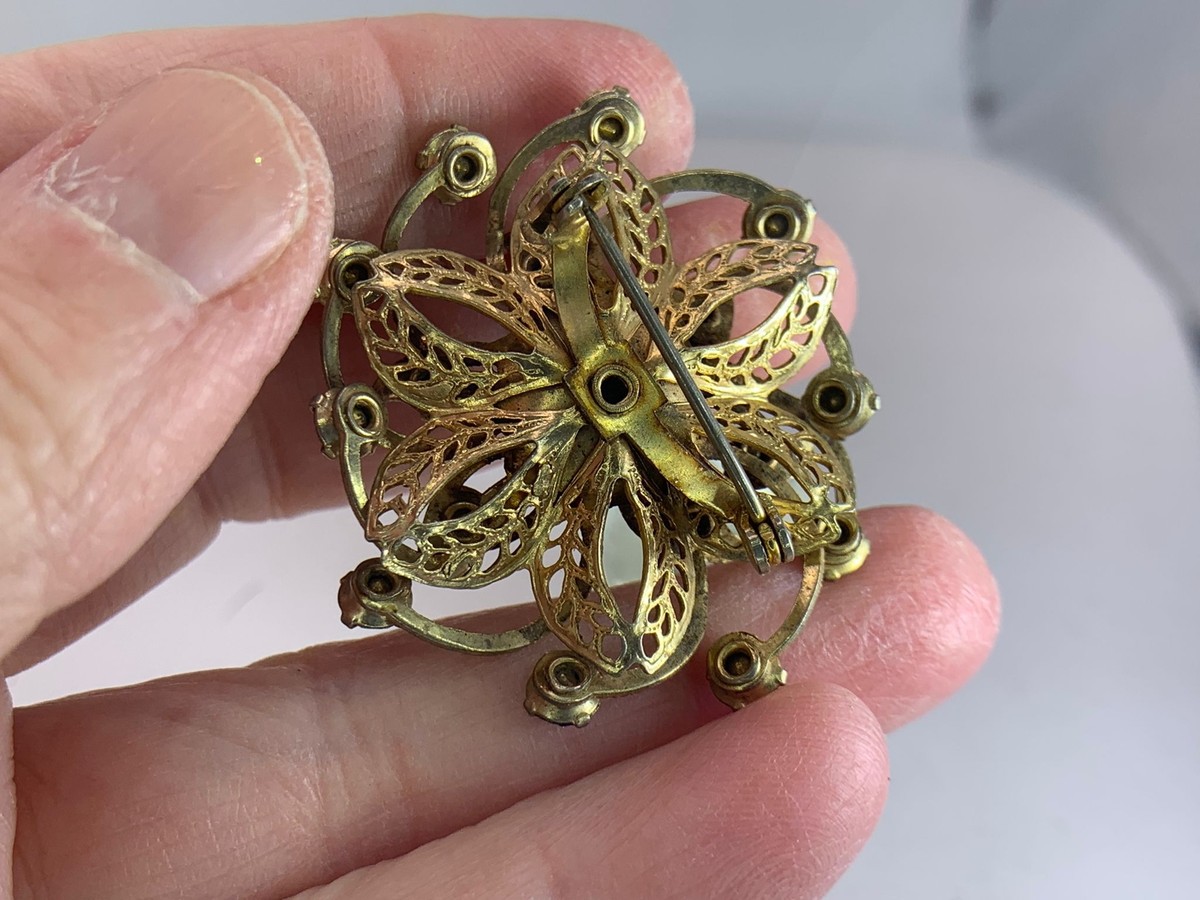 Flower Blue Rhinestones 1930s Vintage Gold Brooch Pin M-0538 | eBay