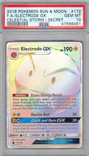 Pokemon Card : PSA 10 Gem Mint Electrode GX 172/168 Secret Rare Celestial Storm