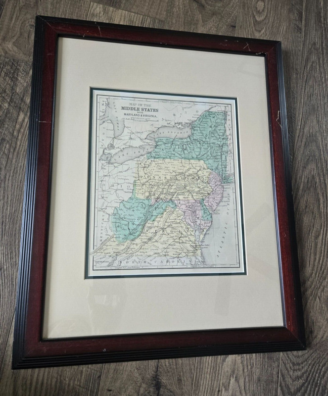 Antique Map circa 1870 Rare Hand Colored Map of Middle States w COA Paper